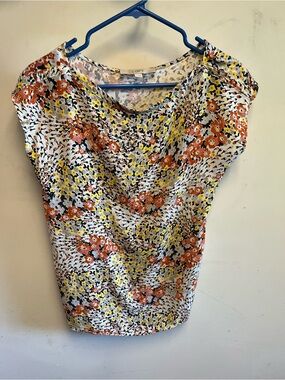 LOFT White Floral Cap-Sleeve Blouse with Orange and Yellow Flowers
